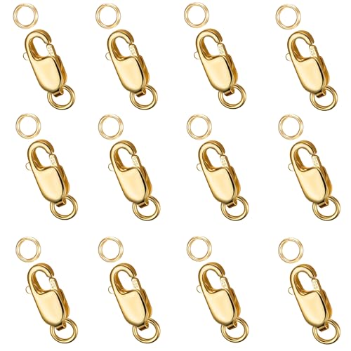 Dailyacc 925 Sterling Silver Lobster Clasp with Closed Jump Rings Gold Necklace Clasps and Closures for Jewelry Bracelet Extender,Made in Italy - color: 12pcs Gold, size: 0.47IN/12MM