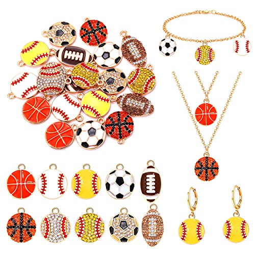 20PCS Sports Charms Enamel Basketball Baseball Pendant Charms for Jewelry Making Rhinestone Ball Game Softball Charms for Necklace Bracelet Earrings DIY Crafts - color: Set 1