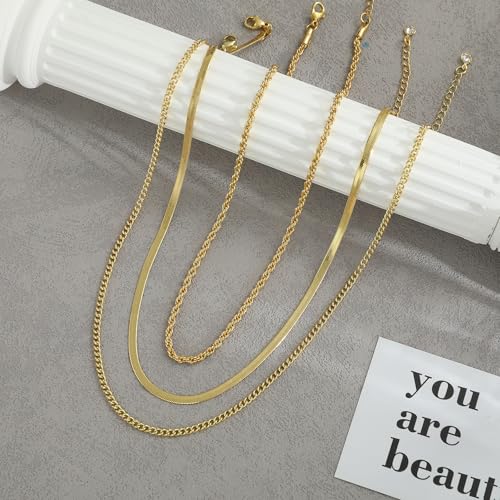 Gold Layered Necklaces for Women, 14K Gold Plated Dainty Gold Chain Choker Necklace Stack, Herringbone Gold Necklaces Set - color: gold-3-Herringbone