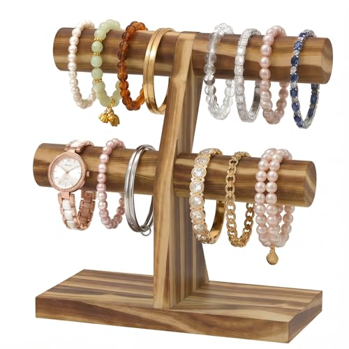 MODOWEY Bracelet Holder Organizer Display Stand, 2 Tier Wooden T Bar Bangle Rack for Dresser, Small Jewelry Hanger with Rod for Vendor Selling, Desktop Jewellery Tree for Home Business, Rustic Brown - color: Rustic wood