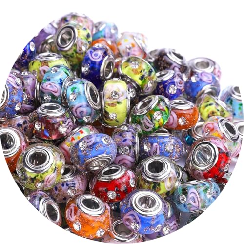 AIPRIDY 50Pcs 15x11mm Murano Large Hole Glass Beads with Silver Brass Cores European Beads for Jewelry Making (Glass Insert Ornament) - color: Glass insert ornament