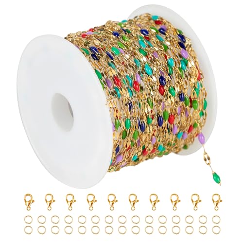 UMAOKANG 16.4 Feet Jewelry Chains for Necklaces DIY Making Gold Plated Stainless Steel Chain Roll Colorful Enamel Beaded Chain for Jewelry Making - color: Gold-Multicolored 3(blue red)