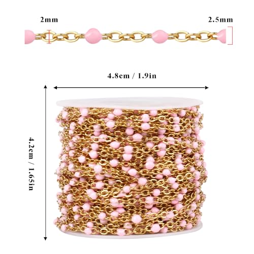 33 Feet Gold Enamel Chains Bulk, 2mm 18K Gold PVD Plated 304 Stainless Steel Pink Enamel Beaded Cable Link Chain Roll Spool for Jewelry Making - color: Gold Pink Beads