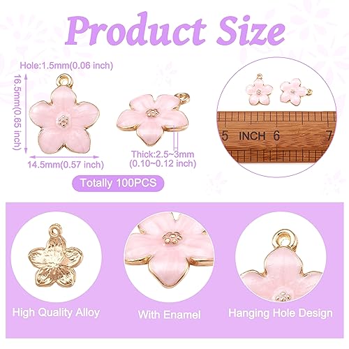 Beadthoven 100pcs Enamel Charms Cherry Blossom Daisy Flower Pendants Gold Plated Small Cute Bulk for Jewelry Making Bracelet Necklace Earrings Keychain DIY Accessories - color: 0Pink