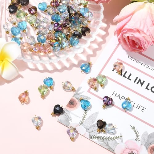 Ipotkitt 100 Pcs Electroplate Glass Beads Faceted Crystal Charms Colorful Heart Dangle Charms for DIY Earring Necklace Bracelets Jewelry Making - color: 100pcs-Faceted Glass Charms-15x9x5.5mm