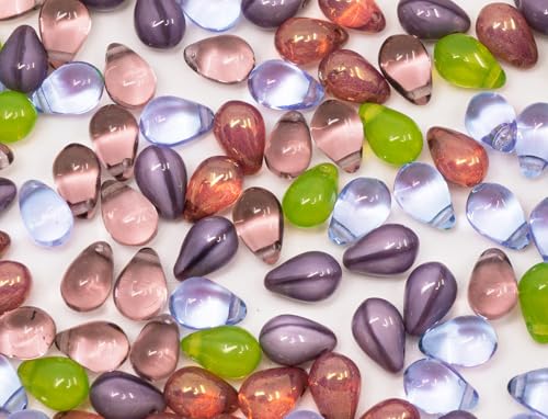 Czech 60-Piece (25g) Glass Beads Mix, 6x9mm, Teardrop Opal Green Silk Dirty Lavender Violet - color: Mix - Green Silk Lavender - Small Pack