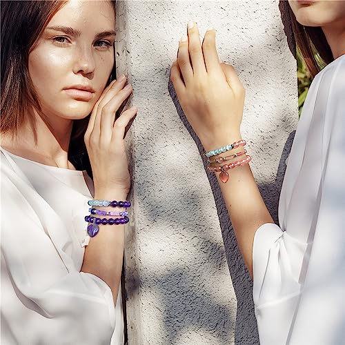 Vinswet Healing Crystal Beaded Bracelets for Women,Natural Amethyst Gemstones Bracelet,Anxiety Stress Relief Heart Charm Bracelet Handmade purple Jewelry Gifts for Women - color: Watermelon crystal&Moonstone