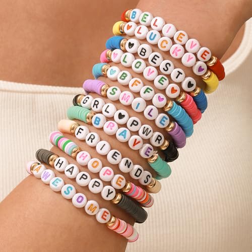 Friendship Bracelets Boho Stackable Bracelets for Women Surfer Heishi Clay Bead Bracelets Stretch Preppy Bracelets Colorful Boho Bracelets for Women - color: 12PCS Red Believe