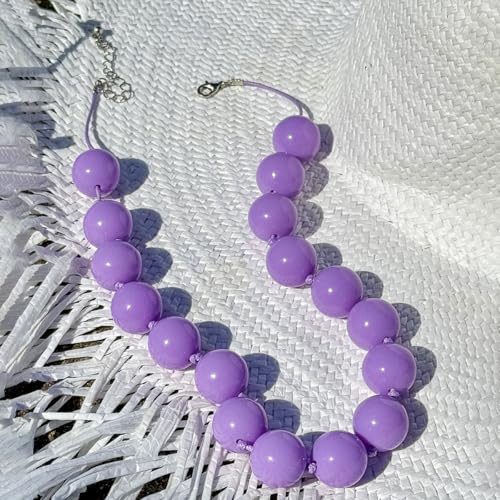 Caiyao Bohemian Colorful Acrylic Round Beaded Choker Necklaces Handmade Adjustable Resin Beads Clavicle Rope Necklace for Women Men Ethnic Costume Party Vacation Jewelry Gifts - color: Purple