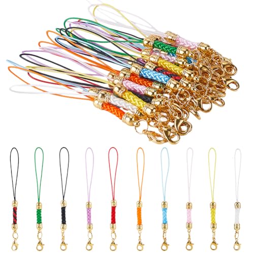 SUNNYCLUE 1 Box 30pcs 10 Colors Phone Lanyard Lobster Clasp Phone Straps Charms Mobile Polyester Lanyards Lariat Charm String Cord Ring Strings With Golden Lobster Claw Clasp For Cell Phone Keychain