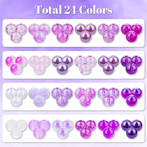 PAXCOO 720pcs Glass Beads for Jewelry Making 8mm, 24 Colors Bead Bracelet Making Kit Purple Round Loose Beads for Bracelet Earring Necklace Jewelry Making Supplies - color: Purple