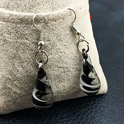 Glass Water Drop Shape Glaze Spiral Dangle Earrings Lampwork Handmade Glass Bead Geometric Earrings for Women Jewelry - color: Black