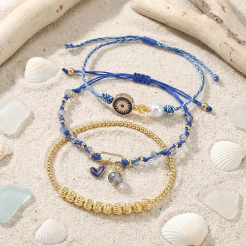 Evil Eye Heart Charm Stackable String Rope Colorful Beaded Bracelets Set For Women, Boho Handmade Adjustable Protection Lucky Gold Jewelry, Daily Party Friendship Gift - color: Blue