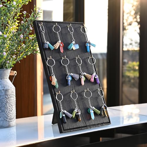 Ikee Design Wooden Jewelry Display Stand with 12 hooks, Earring Display with Hooks, Bracelet, Earring, Keychain Stand for Selling,7.8W x 7.8D x 15.9H in, Black Color - color: Black