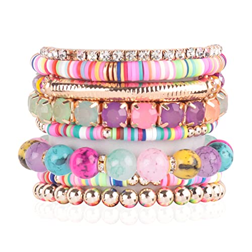 RIAH FASHION Multi Color Stretch Beaded Stackable Bracelets - Layering Bead Strand Statement Wrap Bangles - color: Boho Mix - Light Multi, size: 7.0 Inches Length