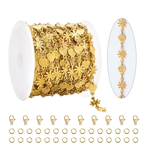 KYUNHOO 4.3 Yard Stainless Steel Heart Chain for Jewelry Making Gold Plated Flower Chains Bulk with Lobster Clasps and Jump Rings for Necklace Bracelet Crafting - color: FLower Gold