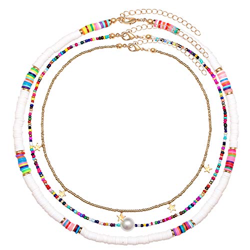 Surfer Heishi Bead Choker Necklace for Woman Star Pearl Polymer Clay Record Disc Beads Layered Necklace Boho Beach Necklace jewelry - color: white