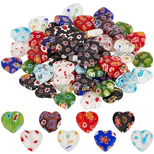 SUNNYCLUE 1 Box 80Pcs Glass Heart Beads Handmade Millefiori Glass Flower Bead Lampwork Beads Valentine's Day Red Heart Beads for Jewelry Making Beaded Bracelets Necklace DIY Craft Beading Supplies - color: Multi Color 80Pcs Heart