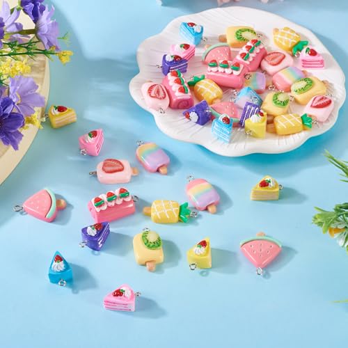 Cheriswelry Cup Cake Resin Pendants Lovely Food Sweet Dessert Dangle Charms Links Hanging Ornament with Metal Loop Fruit Pendants for Key Chains Bracelet Necklace Jewelry Making - color: Ice Lolly & Cake Roll-Mixed Color