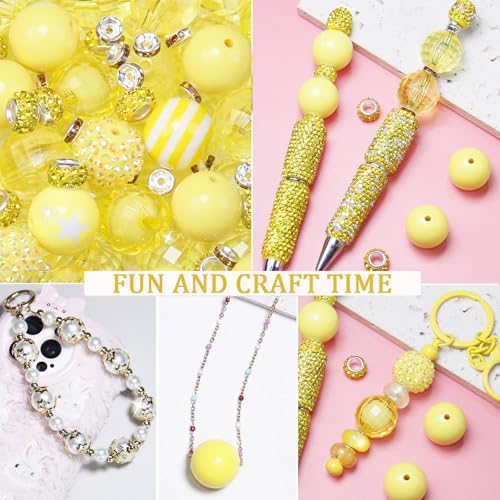 106Pcs 20mm Beads for Pens Making with Rondelle Spacer Beads Yellow Acrylic Focal Bubblegum Bead Crystal Round Sparkly Chunky Bead for Pens Beadable Keychain Necklace DIY Craft Jewelry Making Supplies - color: Yellow