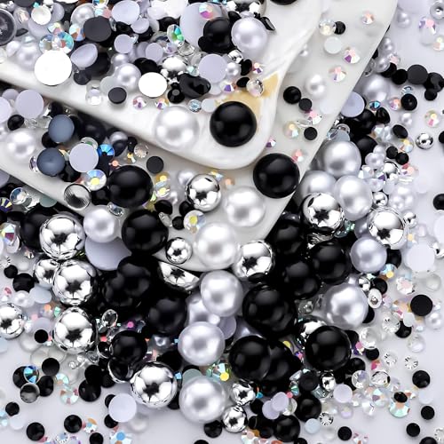 60g Black White Pearls Rhinestones for Crafts Mixed Size 3mm-10mm AB Color Round Half Pearls Flatback Pearl Beads and Resin Rhinestones Set for Face Art with Glue - color: Black-White Series, size: 60g
