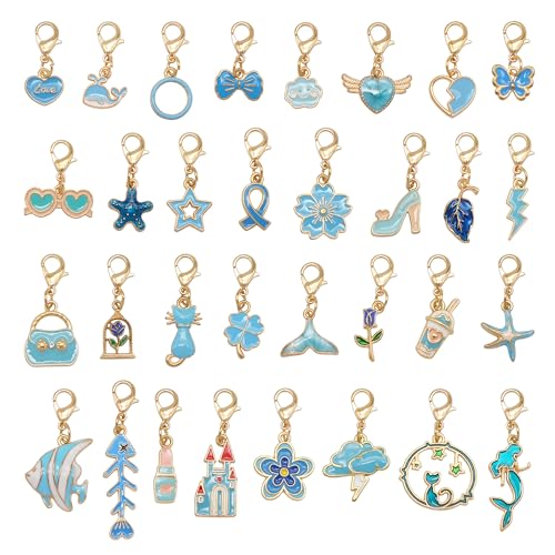 60PCS Enamel Charms Set with Golden Lobster Clasp, Assorted 30 Styles Animals Fruit Moon Star Clip-on Charm Pendants for Jewelry Making and Keychain Purse Decoration Crafts - color: Blue