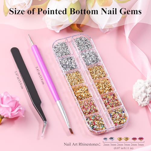 4200 Pcs Nail Art Rhinestones Kit,2-3mm Shiny Gold/Silver/Mixed Colors Rhinestones,3D Pointed Bottom Nail Gems with Tweezers and Dual-end Brush for Manicure DIY Crafts Face Makeup(26-K1-pointed-GS) - color: 26-K1-pointed-GS