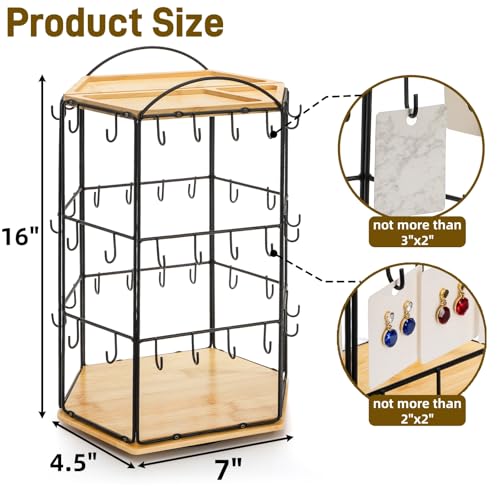Rotating Earring Display Stand for Vendors, 48 Hooks Hexagon Bamboo Jewelry Holder, Large Capacity Jewelry Storage Showing Rack for Selling, Store, Home, Necklace Bracelet Keychain, 3 Tiers