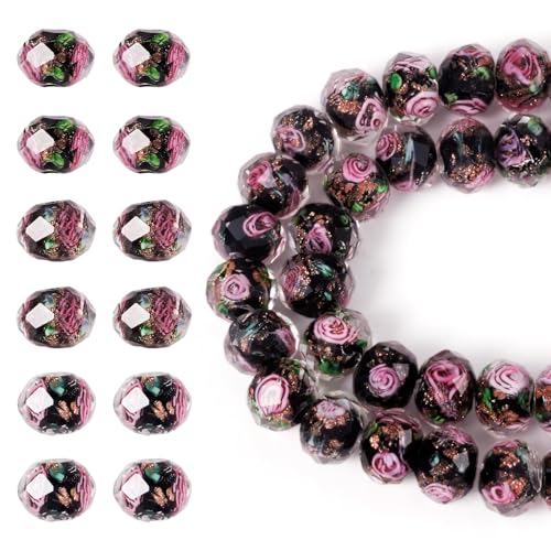 Elecrelive 60Pcs Gold Sand Lampwork Beads Black Rondelle Flower Glass Beads 10mm Floral Crystals for DIY Bracelet Necklace Earring Jewelry Making - color: Black