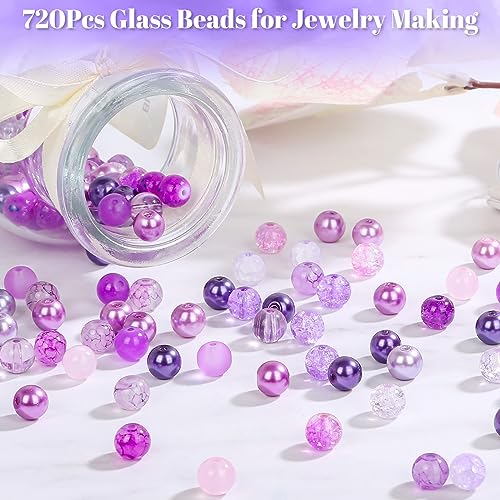 PAXCOO 720pcs Glass Beads for Jewelry Making 8mm, 24 Colors Bead Bracelet Making Kit Purple Round Loose Beads for Bracelet Earring Necklace Jewelry Making Supplies - color: Purple