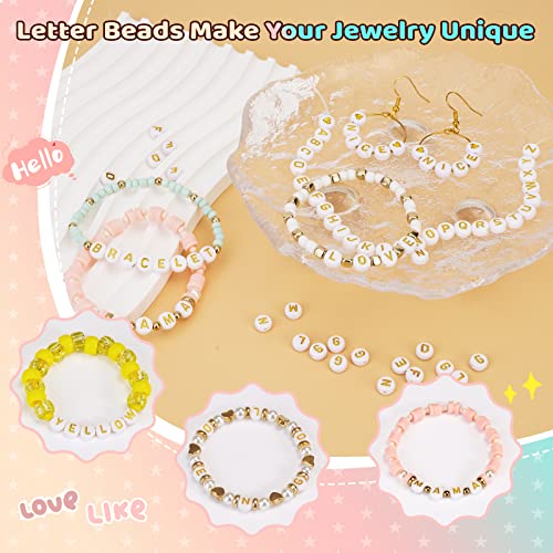 FZIIVQU 1400 Pcs Letter Beads Kit, 28 Styles White Acrylic Alphabet Letter Beads for Jewelry Making wiht Number Heart Bead Friendship Bracelet Kit - color: Golden Alphabet & White Base, size: 4*7mm