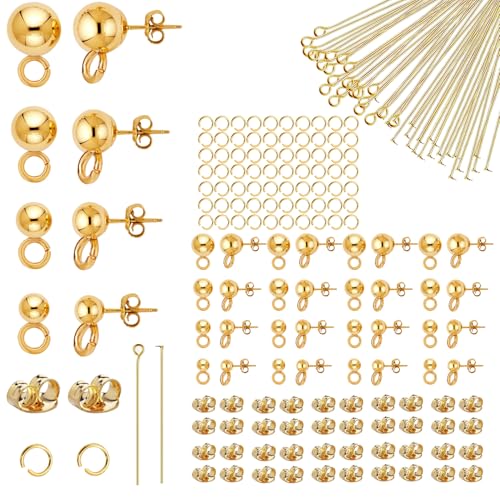 220Pcs No Tarnish Ball Stud for Earring Making, stino Hypoallergenic Stainless Steel Earring Posts, Jewelry Findings Supplies, Silver & Gold Plated (Gold Plated) - color: Gold