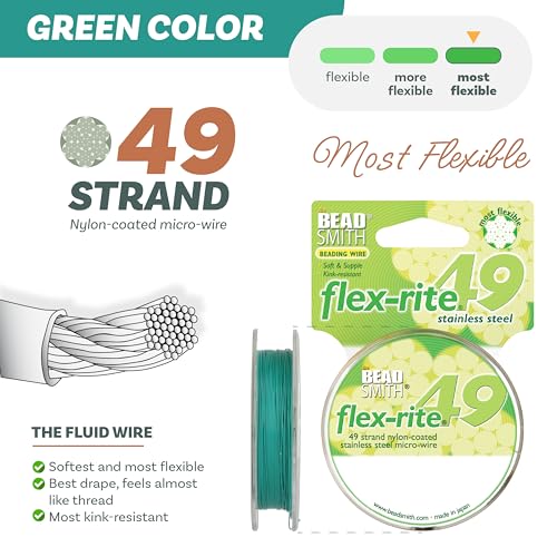 The Beadsmith Flex-Rite Beading Wire - 49-Strand Nylon-Coated Stainless-Steel Wire, 0.014" (0.35 mm) Dia, Green, 30 ft Spool, Durable Necklace & Bracelet String, for Jewelry Making Supplies - color: Green, size: .014” Dia - 30 ft