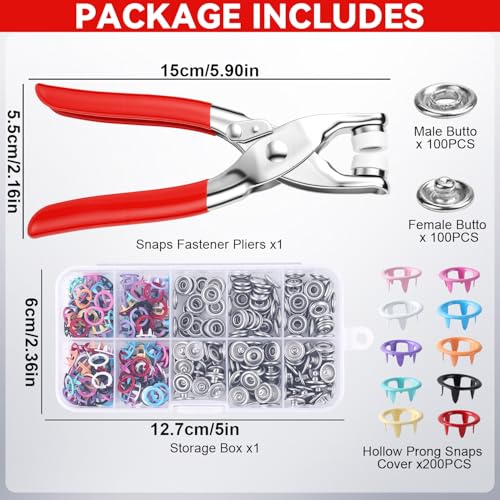 Sewing Kit with 100PCS Metal Buttons, Metal Snaps Buttons with Fastener Pliers Press Tool Kit, Colorful Five Claw Buckle Installation Plier Tool Set for DIY Crafts Sewing Fabric Clothes