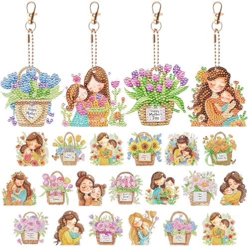 Huquary 24 Pcs Mother's Day Diamond Art Painting Keychains Kits 5D DIY Diamond Art Mother's Day Crafts Pendant Ornaments for Mom Grandma Flower Basket Mom and Child Charms for Birthday Decorations - style: Mom