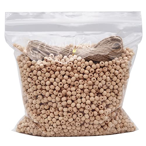 INSPIRELLE 4500pcs 6mm Natural Wood Beads Unfinished Round Wooden Loose Beads Wood Spacer Beads with 10M Jute Twine for Craft Making Home Decoration - size: 6mm