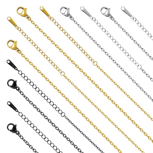 25pcs Stainless Steel Necklace Chains Three Color Cable Jewelry Necklace Bulk Craft Handmade Jewelry Chain with Adjustable Extender - color: Black Cable Chain