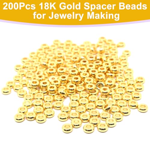 200Pcs 5mm Gold Flat Spacer Beads 18K Gold Plated Loose Beads for Jewelry Making DIY Bracelet Necklace Earring - size: 5mm