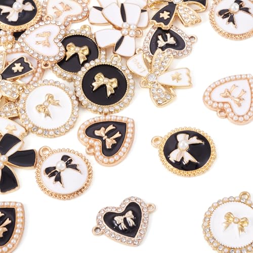 Craftdady Crystal Rhinestone Pendants Butterfly Heart Rhombus Bowknot Earring Charms Alloy Enamel Metal Pendants Light Gold Bracelet Charms for DIY Craft Necklace Jewelry Making - color: Black White Heart