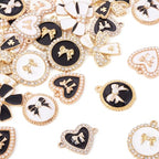 Craftdady Crystal Rhinestone Pendants Butterfly Heart Rhombus Bowknot Earring Charms Alloy Enamel Metal Pendants Light Gold Bracelet Charms for DIY Craft Necklace Jewelry Making - color: Black White Heart