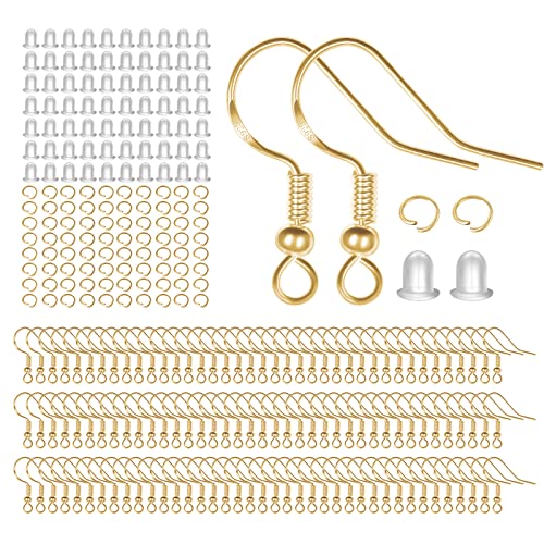 925 Sterling Silver Earring Hooks, 750PCS Gold Earring Hooks Kit 250PCS/125Pairs Hypoallergenic Ear Wires Fish Hooks with 250 PCS Gold Open Jump Rings and 250PCS Rubber Ear Backs for Jewelry Making - size: 750pcs-gold