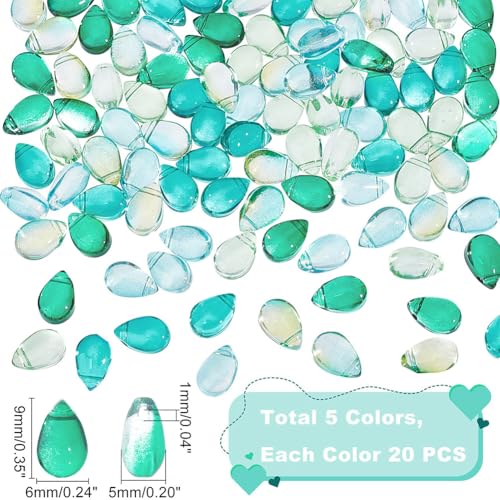 AHANDMAKER 100 Pcs Teardrop Czech Glass Beads, 5 Colors Transparent Crystal Beads with Glitter Water Drop Loose Pendants Beads for DIY Necklace Earring Bracelet Jewelry Making, Blue&Green