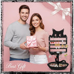Cat Earring Holder Organizer Stand, Black Metal Jewelry Display Rack with Multiple Holes Hooks for Studs, Hoops, Necklaces, Bracelets, Rings, Cute Cat-Shaped Vanity Earring Tree for Girls