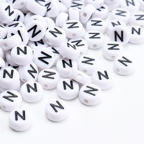 100Pcs Letter Beads 4x7mm White Round Acrylic Alphabet Beads Letter N Beads for Jewelry Making DIY Bracelets Necklaces Key Chains - color: N 100Pcs