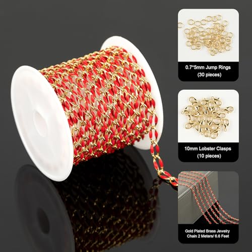 YOUBEIYEE Red Oil Drip Chain for Jewelry Making Gold Plated Brass Chain Roll with Jump Rings and Lobster Clasps Jewelry Supplies - color: Red