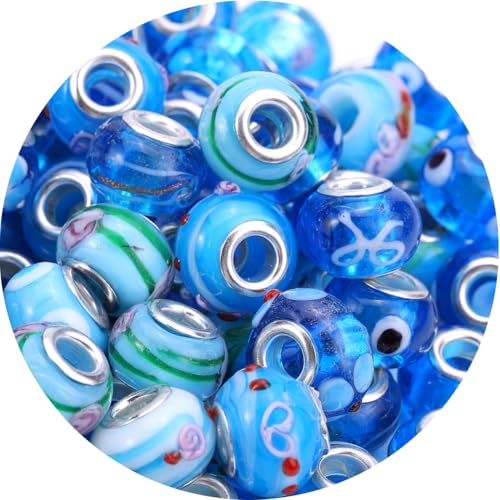 AIPRIDY 50Pcs 15x11mm Murano Large Hole Glass Beads with Silver Brass Cores European Beads for Jewelry Making (Aqua) - color: Aqua