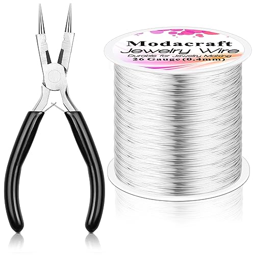 Modacraft 26 Gauge Wire for Jewelry Making with Multipurpose Piler, 328.1 FT/0.4 mm Craft Silver Jewelry Wire Tarnish Resistant Copper Beading Making Supplies and Crafting (Silver) - color: Silver, size: 26 Gauge
