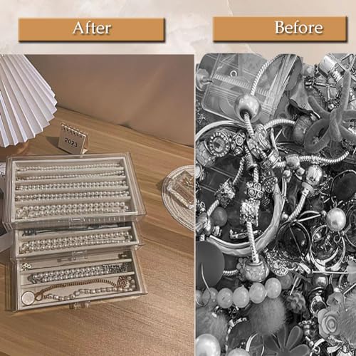 CLUQMEIK Necklace Organizer Box with Clear Lid, Dustproof Velvet Jewelry Holder Storage Display Case, Stackable Acrylic Necklace Tray Drawer Insert for Women and Girls (Beige,3 Drawers) - color: BEIGE-3Layer