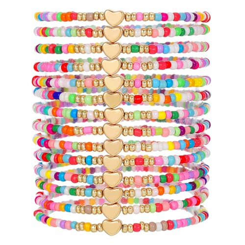 Friendship Bracelets Boho Stackable Bracelets for Women Surfer Heishi Clay Bead Bracelets Stretch Preppy Bracelets Colorful Boho Bracelets for Women - color: 14pc beaded heart