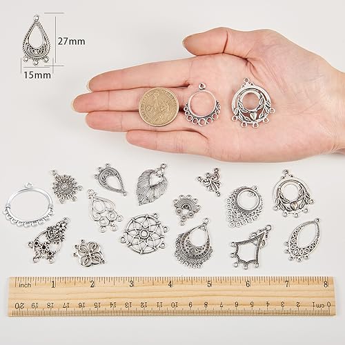 SUNNYCLUE 1 Box 64Pcs 16 Style Tibetan Earring Chandelier Charms Connector Linking Charm Findings Jewelry Making for Earring Drop and Charm Antique Silver Components - color: 64pcs 16 Styles Antique Silver